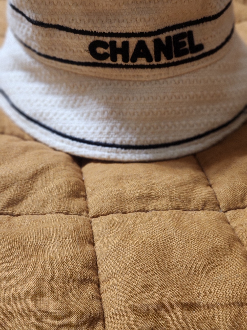 CHANEL White & Black Striped Bucket Hat - Designer Men’s Accessory